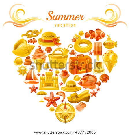 Sea travel flayer design with heart composed of vacation summer symbols. Concept icon set contains suitcase, sand castle, tropical fish, compass rose, ship, hat, ice cream, clogs, seashell, fish