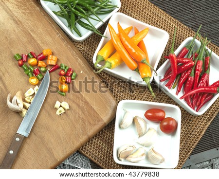 Set of chili and garling ready for cooking (large format photography)
