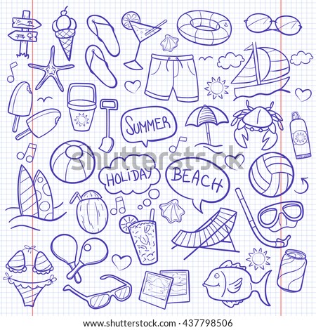Notebook Beach Day Doodle Icons Hand Made vector Illustration sketch.