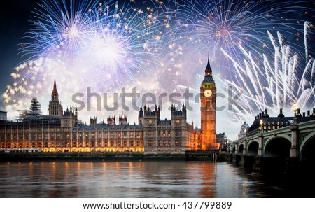 Fireworks over Big Ben Clock Tower and Parliament house at city of westminster, London England UK Royalty-Free Stock Photo #437799889
