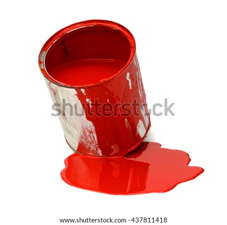 Tin with rad paint, cover and paint brush near the tin, isolated on white