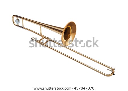 golden brass tenor trombone isolated on white background Royalty-Free Stock Photo #437847070