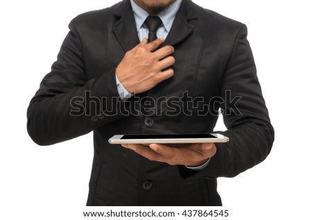 Businessman holding the tablet on white background, include clipping path