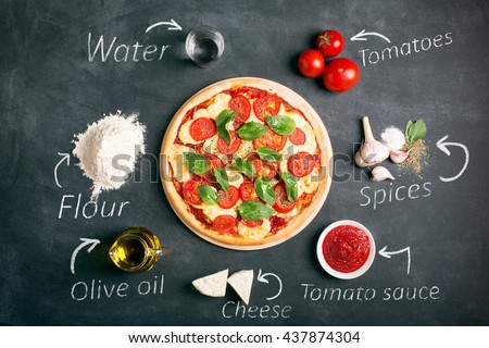 Prepared Italian pizza with cheese and basil on the black chalkboard Royalty-Free Stock Photo #437874304
