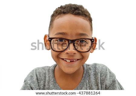 Handsome Toothless Student Wearing Eyeglasses smiling looking at camera Close Up isolated on white background Royalty-Free Stock Photo #437881264