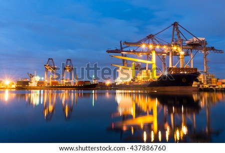 Container ship in the harbor of LeamChabang, night shot. Cloudy sky.