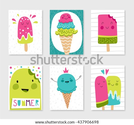 Set of cute creative card templates with ice cream theme design. Hand Drawn. For birthday, anniversary, party invitations. Vector illustration. Pink, green, blue.