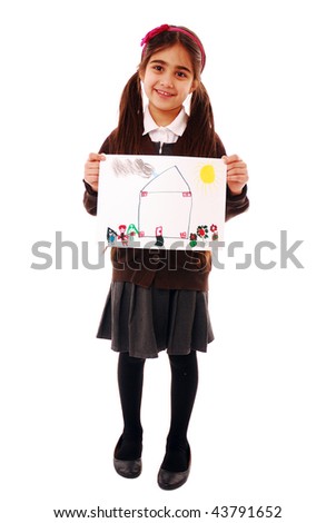 Schoolgirl holding drawing isolated on white