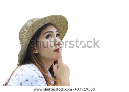 Beautiful asian woman thinking about work on white background