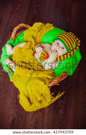 gorgeous little baby lying in a wooden large basket