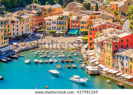 Portofino, an Italian fishing village, Genoa province, Italy. A vacation resort with a picturesque harbour and with celebrity and artistic visitors. Royalty-Free Stock Photo #437981269