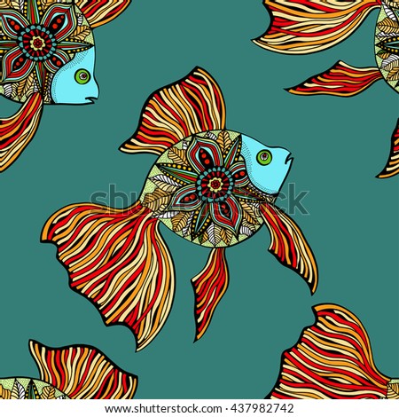 Vector seamless pattern with beautiful colorful hand drawn ornamental floral fishes