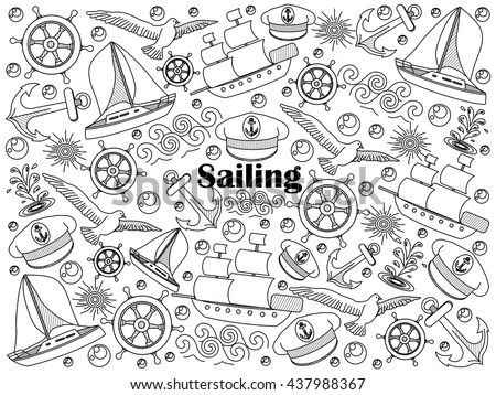 Sailing design colorless set vector illustration. Coloring book. Black and white line art
