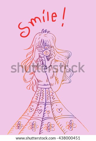  Cute Girl with camera and lettering " Smile". Hand drawing illustration.