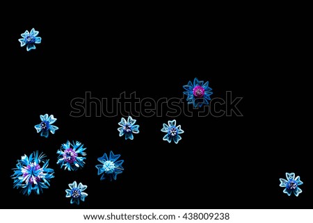 Artificial handicraft decorative paper flowers blue cornflower in the style of quilling. Group different daisy knapweed wildflowers carton handmade flower template frame isolated on black background.