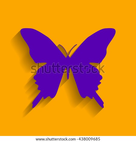 Batterfly sign illustration. Violet icon with shadow on orange background.