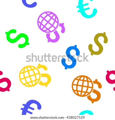 Global Finances vector seamless repeatable pattern. Style is flat global finances and dollar symbols on a transparent background.