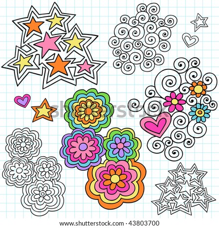 Hand-Drawn Stars and Flowers Psychedelic Notebook Doodles on Lined Paper Background- Vector Illustration