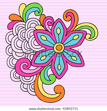 Hand-Drawn Psychedelic Notebook Doodle Flower on Lined Paper Background- Vector Illustration