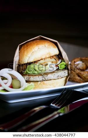 Delicious hamburger on plate,close up