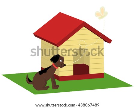 brown dog with red collar sitting on the grass in front of its house and a butterfly flying. 3d digital illustration of a yellow dog house with red roof, isolated on white background