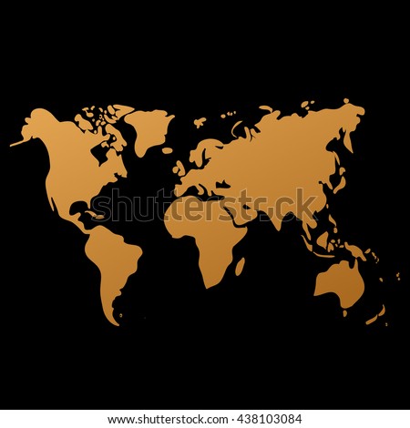 Vector gold world map on black background, doodle. World map vector. World Gold map design. World map art. World map illustration. World map sign. World map flat. World map picture.