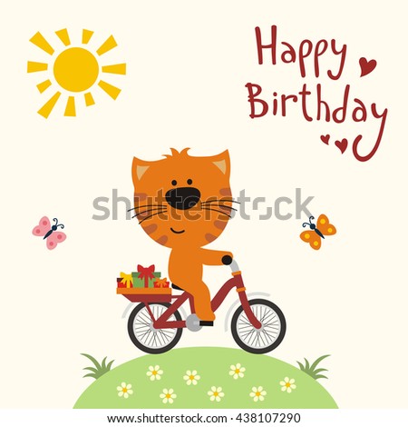Happy birthday! Funny kitten on bicycle with gifts, sun and butterflies. Greeting card.