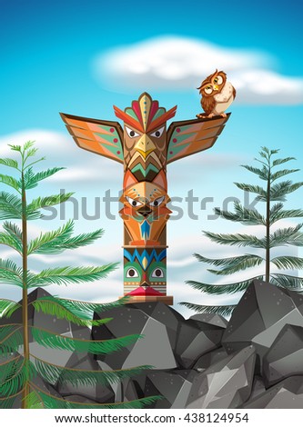 Totem pole on the cliff illustration