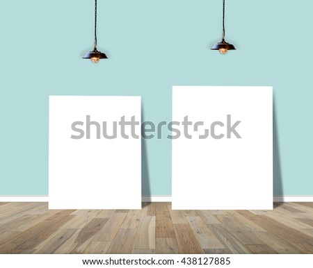 Poster standing in room with ceiling lamp for information message