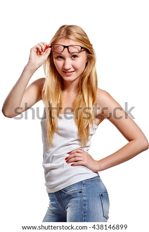 Young pretty girl with glasses. Isolated on a white background