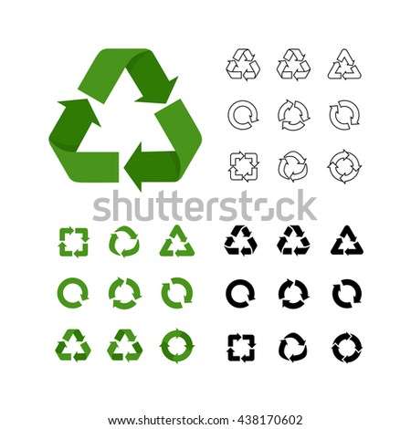 Big collection of vector recycle reuse icons various style linear, flat, simple. Recycle symbols collections isolated on white. Environment icons, recycle signs