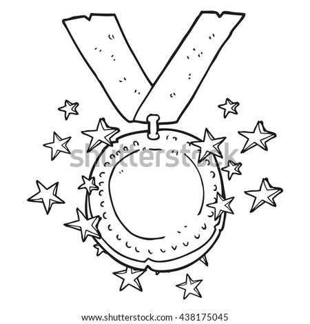 freehand drawn black and white cartoon sparkling gold medal