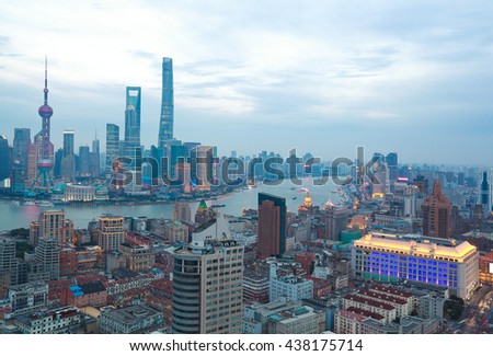 Aerial photography bird view at Shanghai bund Skyline of twilight