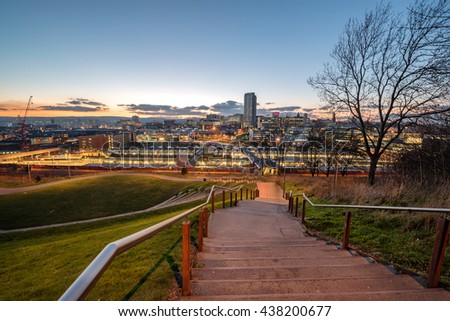 The skyline of Sheffield city centre seen from South Street Park above the city's main rail station, South Yorkshire, England UK Royalty-Free Stock Photo #438200677