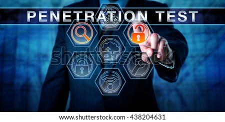 Manager pressing PENETRATION TEST on an interactive touch screen interface. Software application tools for scanning and access are highlighted. Computer security concept for pentest. Caucasian man. Royalty-Free Stock Photo #438204631