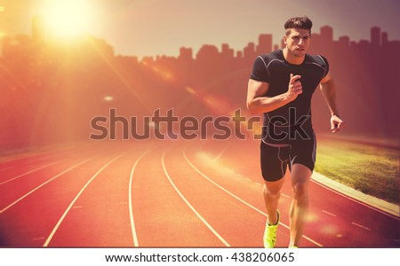 Athletic man jogging against white background against composite image of race track