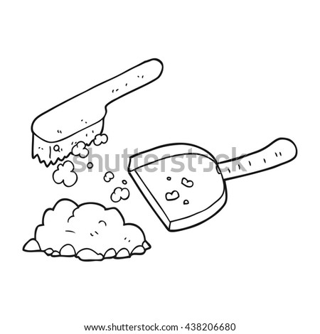 freehand drawn black and white cartoon dust pan and brush