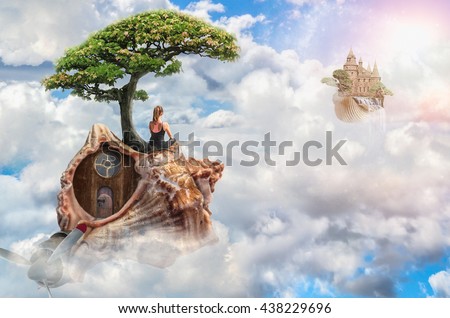 Girl travels the world of his dreams Royalty-Free Stock Photo #438229696