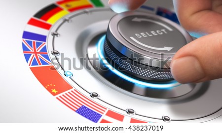 Hand turning a selection knob with many different flags around it. Concept of languages and multilingual support. Composite image between a photography and a 3D background.