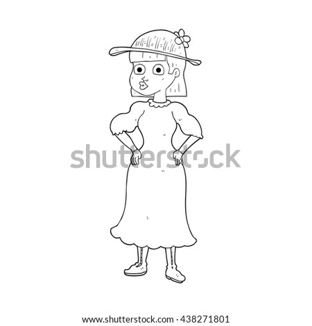 freehand drawn black and white cartoon woman in sensible dress