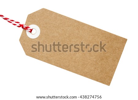 Gift tag made from brown recycled card with red and white string on on an isolated white background with a clipping path