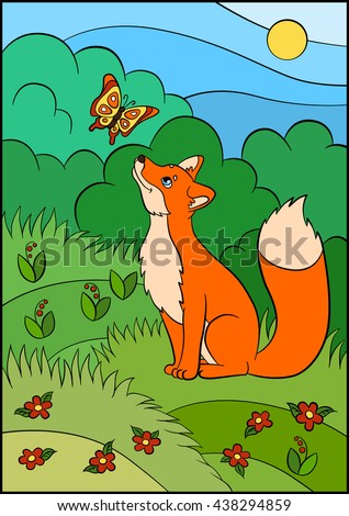 Coloring pages. Wild animals. Little cute fox looks at the butterfly and smiles. 