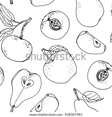 Pattern of fruits drawn a line on a white background. Vector sketch. Sketch line. Apple, pear, peach, lemon, orange, lime