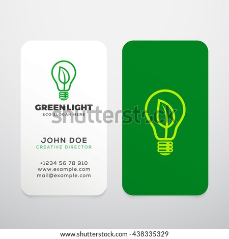Green Light Vector Realistic Business Cards Template or Mock Up. Abstract Eco Light Bulb Concept. Lamp with a Leaf Symbol and Typography. Isolated.
