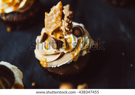 Homemade Chocolate and salt caramel Cupcake with chocolate mascarpone,, frosting against a dark background