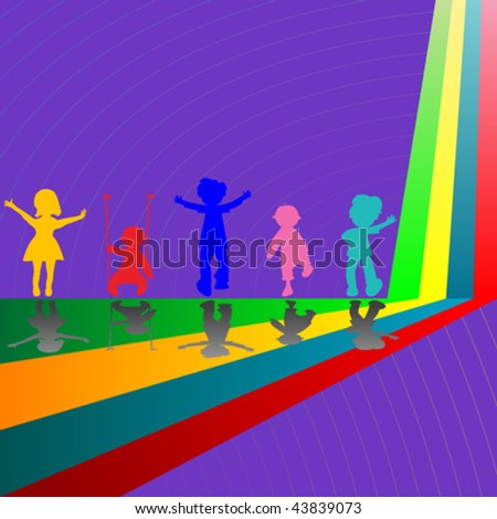 silhouettes of children playing on purple background, abstract art illustration
