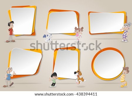 Vector banners / backgrounds with cute happy cartoon family with pets. Design text box frames. 
