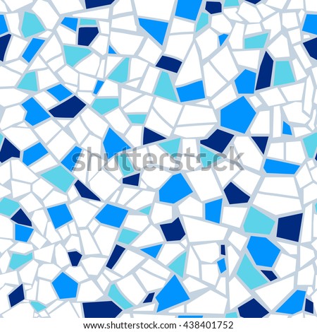 Vector abstract seamless mosaic pattern. Blue and white background. For design and decorate backdrop. Endless texture. Ceramic tile fragments. Colorful broken tiles (trencadis). 
