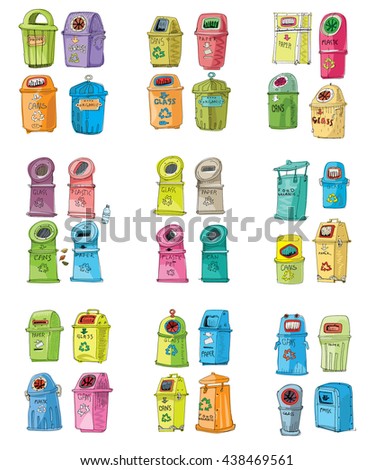 Collection of different trash cans. Organic,batteries,metal,plastic,paper,glass,waste,light bulb,aluminium,food,can,bottle.Vector,recycle bin.Vector. Isolated on white background. Cartoon.