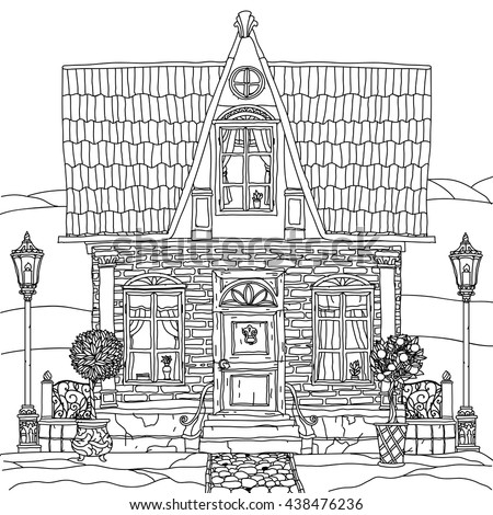 Black and white illustration of a house with details for adult coloring book or for zen art therapy anti stress drawing. Hand-drawn, vector,very detailed, for coloring book, poster design, uncolored